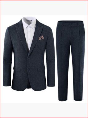 Men's 2 Piece Herringbone Tweed Suit Set Peak Lapel Blazer Pants